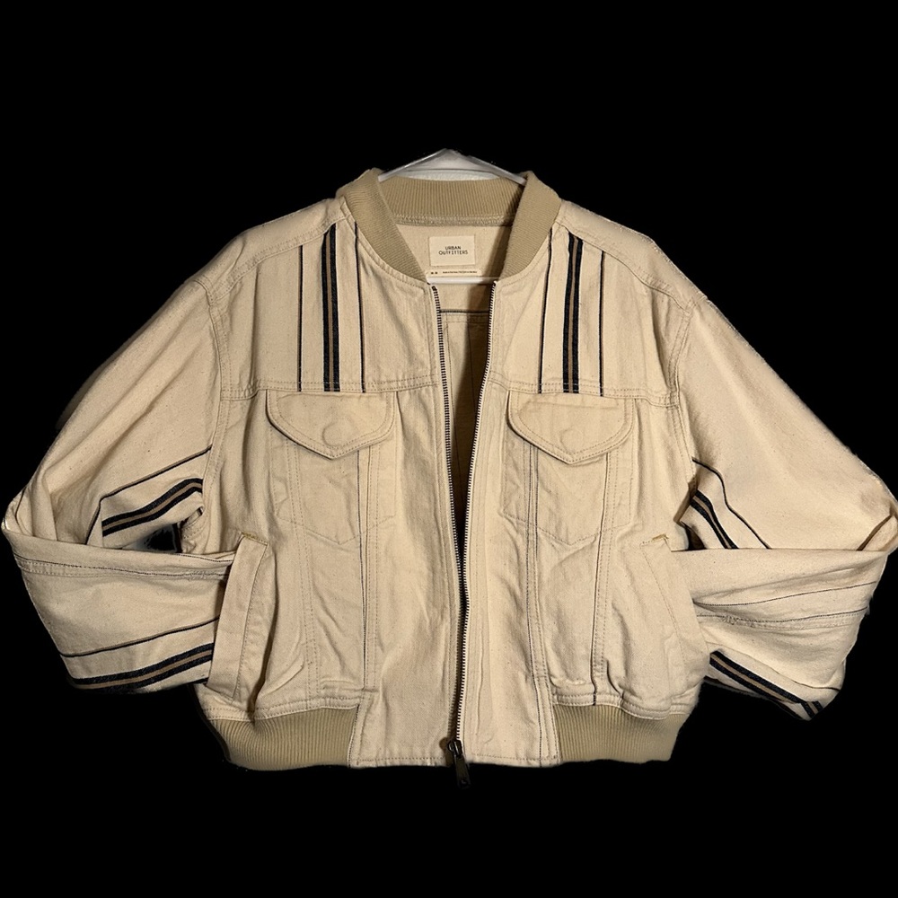 Urban Outfitters Cropped Bomber Jacket Beige W/Blue Striped Sleeves
